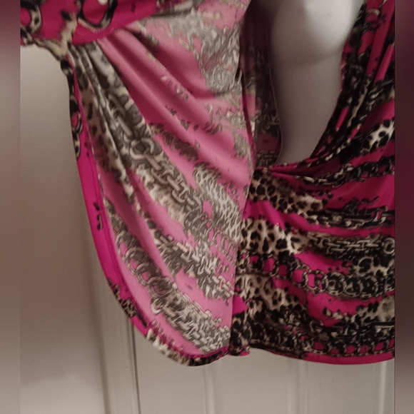 Y2K CLOTHING BY "CARMEN MARC VALVO" FUCHSIA ANIMAL PRINT SEMI WRAP BLOUSE  L - Picture 2 of 4